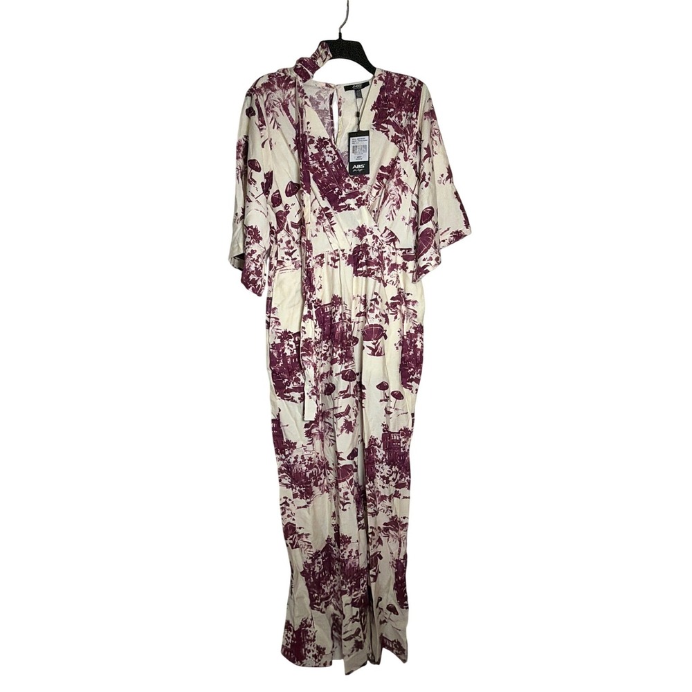 ABS by Allen Schwartz Women Cream Cranberry Toile Print Jumpsuit L